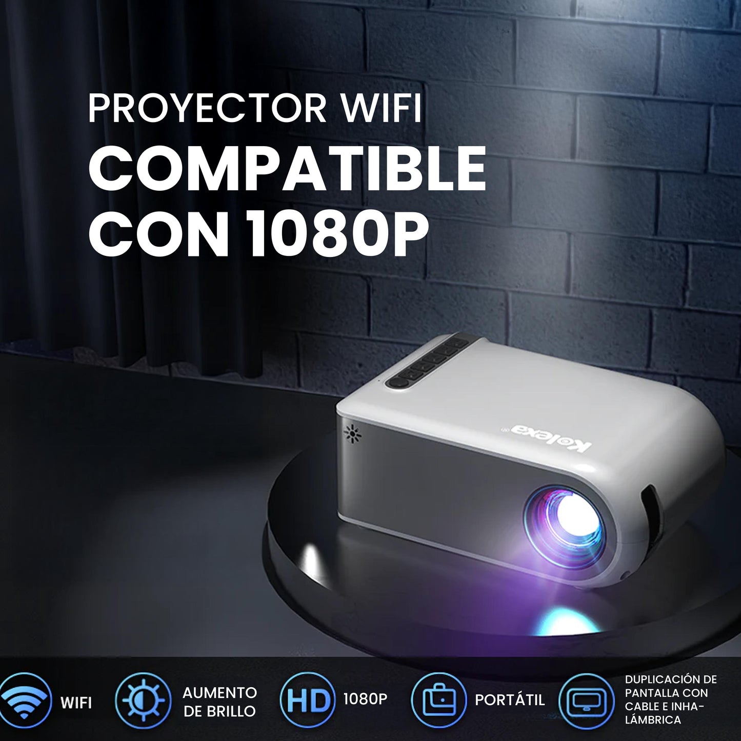 Mini proyector WiFi Kolexa compacto mostrando imágenes Full HD 1080p en una pared blanca
