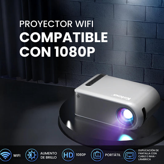 Mini proyector WiFi Kolexa compacto mostrando imágenes Full HD 1080p en una pared blanca